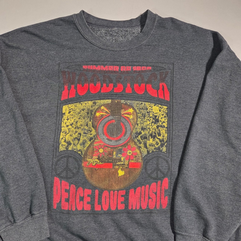 Mens‎ Woodstock Peace Love Music Graphic Sweatshirt Charcoal Gray Large - Picture 2 of 7